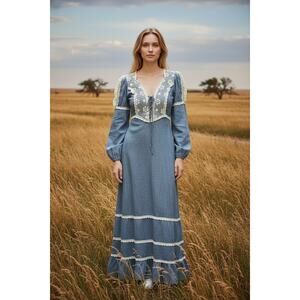 Vintage Gunne Sax.1969/70 Original Prairie Cottage Core Lace Maxi Dress sz 7/XS